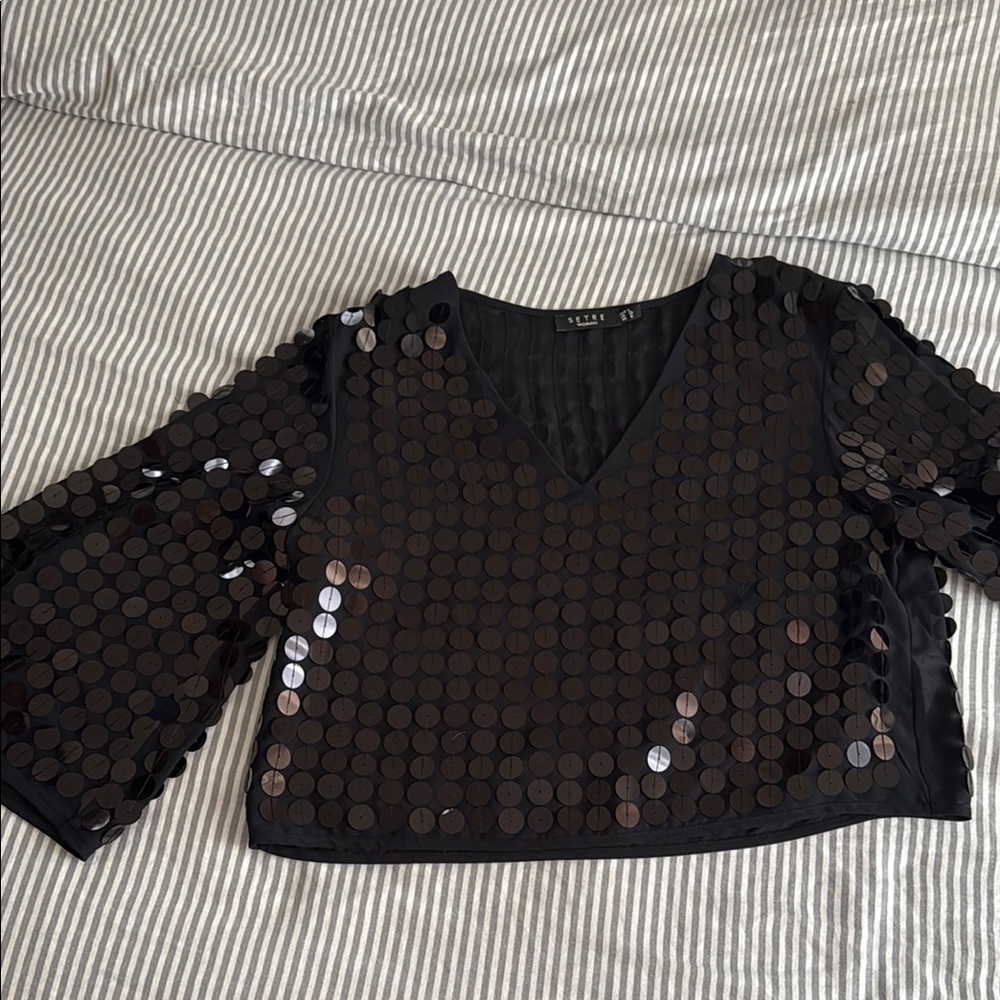 Black Sequin Crop Top with Bell Sleeves